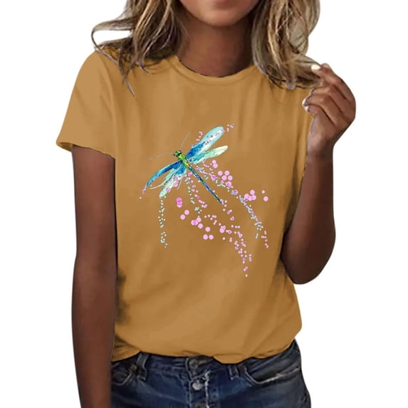 Tiqkatyck 4th of July Shirts Women, Women's Fashion Casual Print Round Neck Short Sleeve Shirts Graphic Tees for Women, Women Summer Tops Yellow XXXL