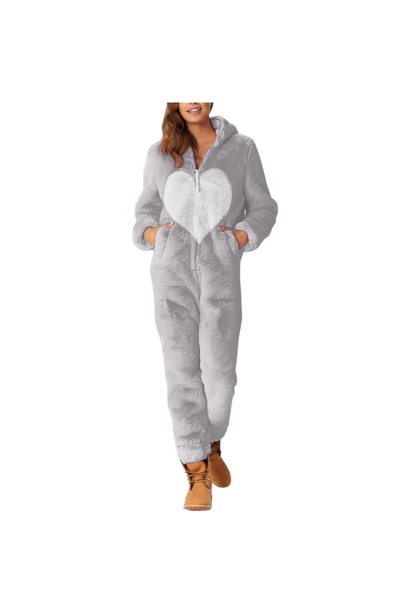 Animal Onesie, Women's Wool Long Sleeve Onesie Pajamas Casual Solid Color Zipper Loose Hooded Jumpsuit Casual Winter Warm Romper Cute Adult Onesie Christmas Onesies Adult Gray S