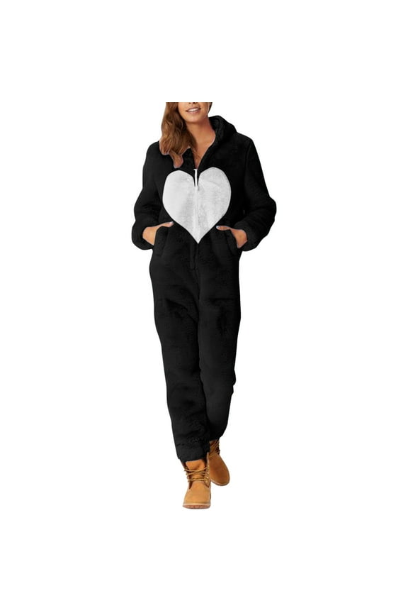 Animal Onesie, Women's Wool Long Sleeve Onesie Pajamas Casual Solid Color Zipper Loose Hooded Jumpsuit Casual Winter Warm Romper Cute Adult Onesie Christmas Onesies Adult Black M
