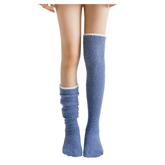 Tiqkatyck Ankle Socks Clearance, Women's Solid Fuzzy Socks Winter Warm Over Knee High Socks Home Thigh-High Warm Socks Leggings Crew Socks for Women No Show Socks Womens Blue One Size