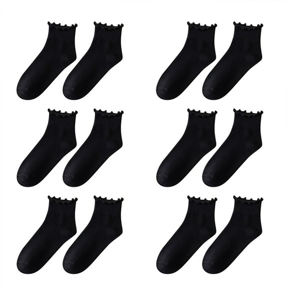 Tiqkatyck Ankle Socks Clearance, Womens Socks Ruffle Turn Cuff Casual Ankle Socks Breathable Cool Knit Cotton Lettuce Crew Frilly Sock 6 Pairs Crew Socks for Women No Show Socks Womens Black One Size