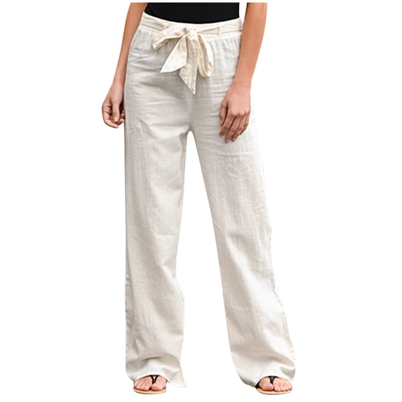 Tiqkatyck Baggy Pants White Linen Pants for Women Tightness Trousers Pocket Casual Plus Size Pants Trousers for Women Beige