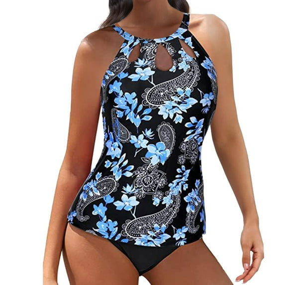 Tiqkatyck Bikini Sets for Women Clearance, Two Piece High Neck Tankini Swimsuits for Women Bathing Suits Floral Print Swimwear Bathing Suit for Women, Swim Suits for Women 2024 Light Blue S