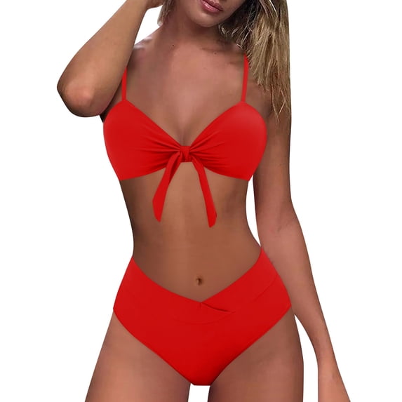 Tiqkatyck Bikini Sets for Women Clearance, Women's Casual High Waisted 2 Piece Bikini Sets Bow Bathing Suit for Women, Swim Suits for Women 2024 Red XL