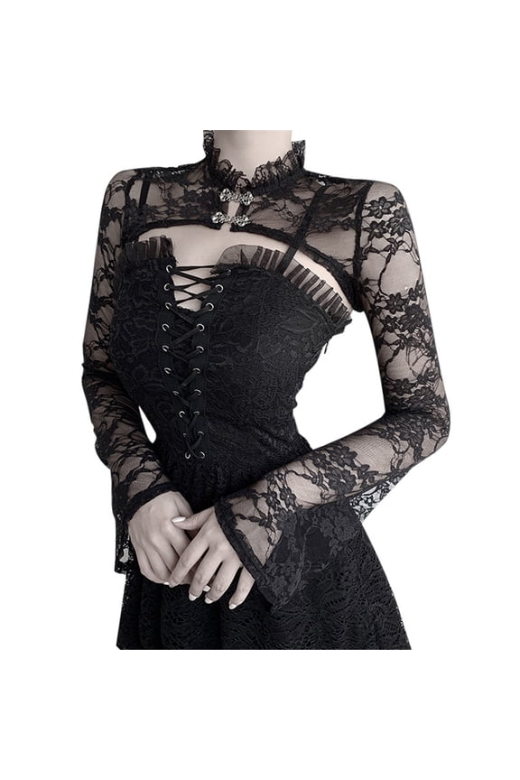 Corset Tops for Women, Women Alluring Gothic Retro Elegant Black Lace Long Sleeve Hollow Shirt, Gothic Clothes for Women Black M