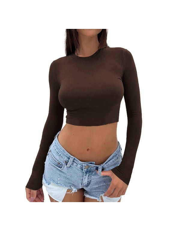 Crop Tops for Women, Women Alluring Long Sleeve Going Out Fitted Crop Tops Crew Neck Casual Basic Tight Tee Shirt, Summer Tops for Women, Shirts for Women Coffee M