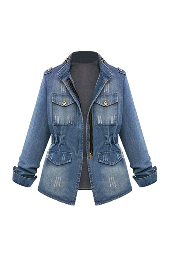 Denim Jacket for Women Clearance Plus Size Casual Womens Ladies Denim Oversize Jeans Chain Jacket Pocket Coat Going Out Tops for Women 2023 Trendy Blue Xxxl