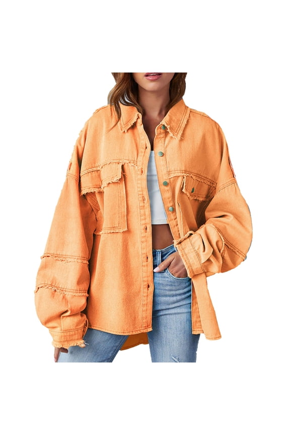 Denim Jacket for Women Clearance Women's Lapel Large Pocket Puffed Sleeve Wash Solid Color Medium Length Denim Jacket Going Out Tops for Women 2023 Trendy Orange Xxl