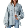 thumbnail image 1 of Tiqkatyck Denim Jacket for Women Clearance Women's Lapel Large Pocket Puffed Sleeve Wash Solid Color Medium Length Denim Jacket Going Out Tops for Women 2023 Trendy Light Blue M, 1 of 6