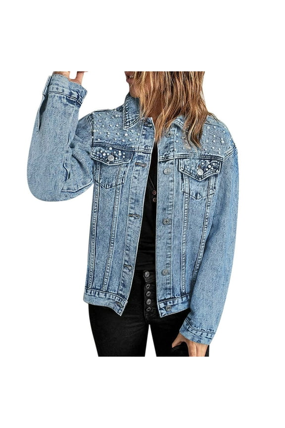 Denim Jacket for Women Clearance Women's Pearls Beading Embroidery Denim Jackets Casual Embroidered Jean Coat Outerwear Denim Buttons Coat Going Out Tops for Women 2023 Trendy Blue M