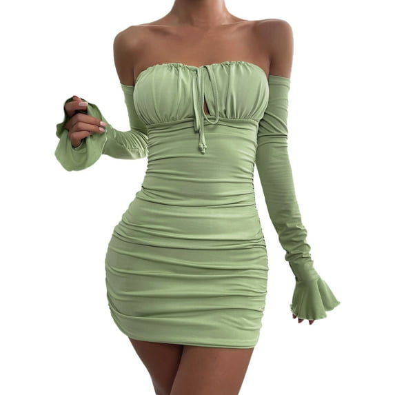 Tiqkatyck Dresses for Women Date Night, Women's Long Sleeve Wrap Chest Dress with Pleated Front Strap Flared Sleeve Bodycon Dress, Summer Dresses for Women 2024 Green