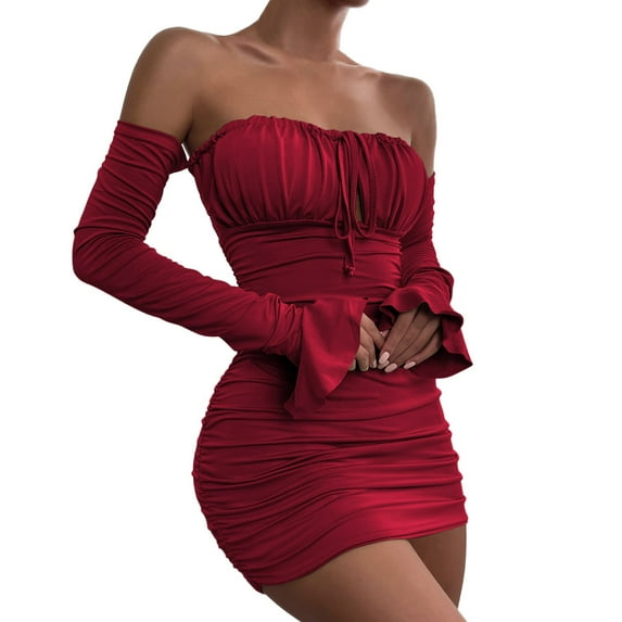 Tiqkatyck Dresses for Women Date Night, Women's Long Sleeve Wrap Chest Dress with Pleated Front Strap Flared Sleeve Bodycon Dress, Summer Dresses for Women 2024 Red