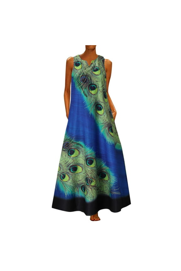 Dresses for Women 2023 Women Plus Size Sleeveless Peacock Print Long Maxi Dress Boho Summer Beach Dress Womens Dresses Blue