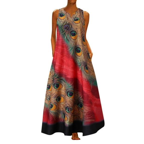 Tiqkatyck Dresses for Women 2023 Women Plus Size Sleeveless Peacock Print Long Maxi Dress Boho Summer Beach Dress Womens Dresses Red