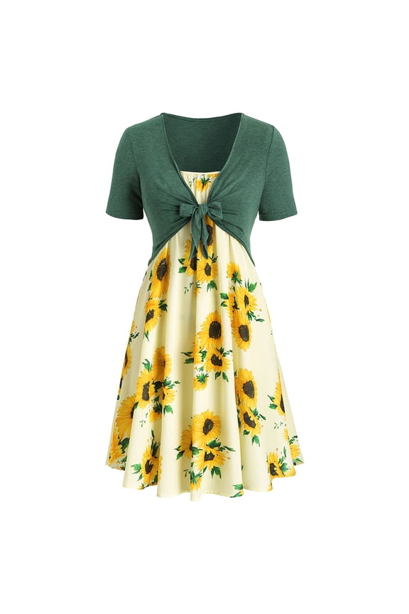 Fall Clothes for Women 2023 Women Short Sleeve Bow Knot Bandage Top Sunflower Print Mini Dress Suit Dress, Dresses for Women 2023 Green
