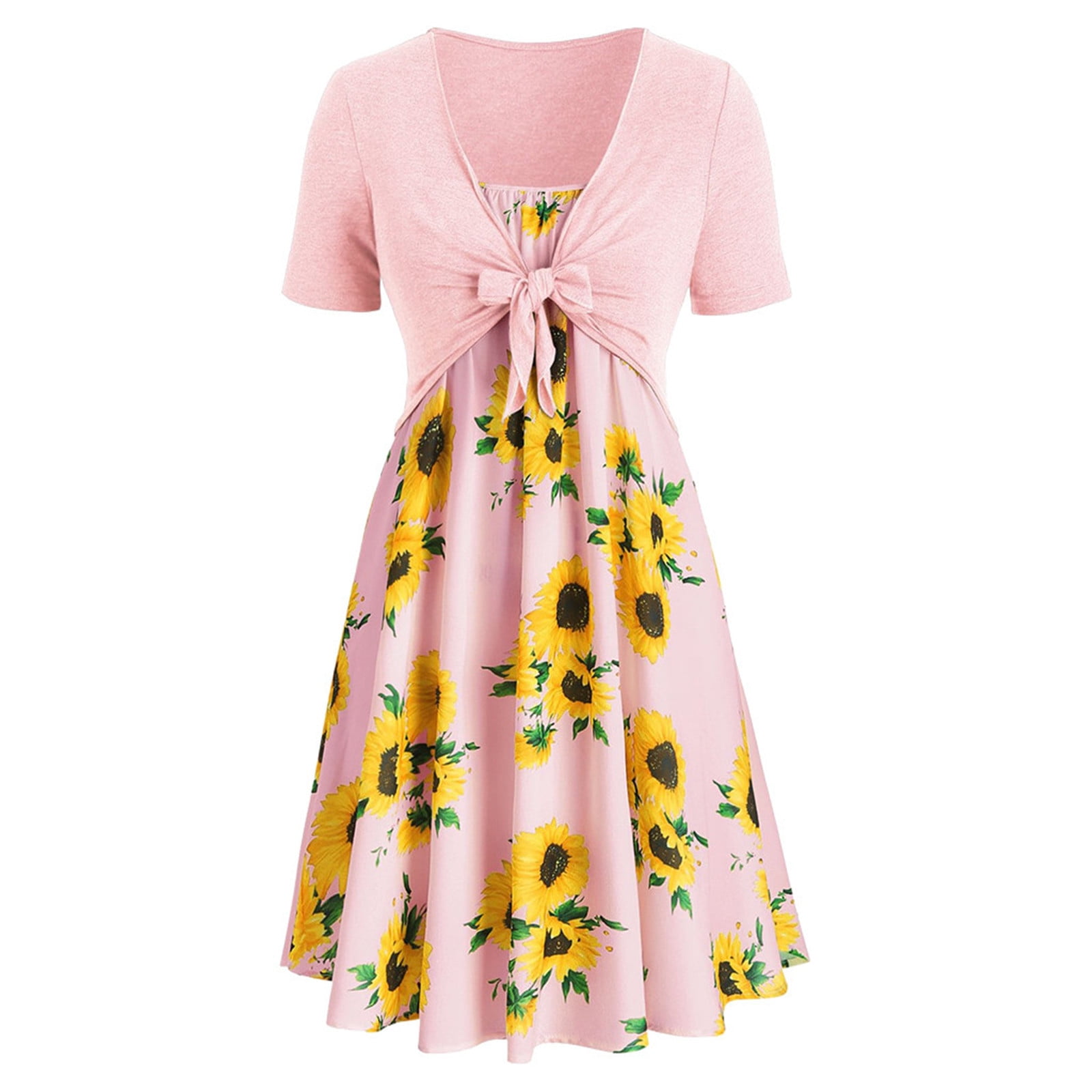 Tiqkatyck Fall Clothes for Women 2023 Women Short Sleeve Bow Knot Bandage Top Sunflower Print Mini Dress Suit Dress, Dresses for Women 2023 Pink