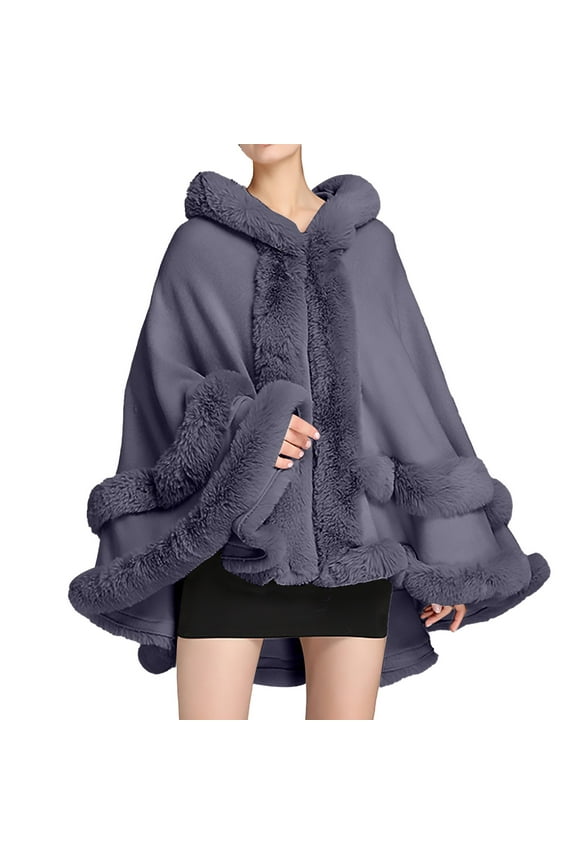 Faux Fur Shawl, Women Hooded Poncho Cape Faux Shawl Wrap With Trim Sleeveless Cardigan Cloak Fashion Tops Coat Fur Shawl Shawl Wraps for Women Grey One Size