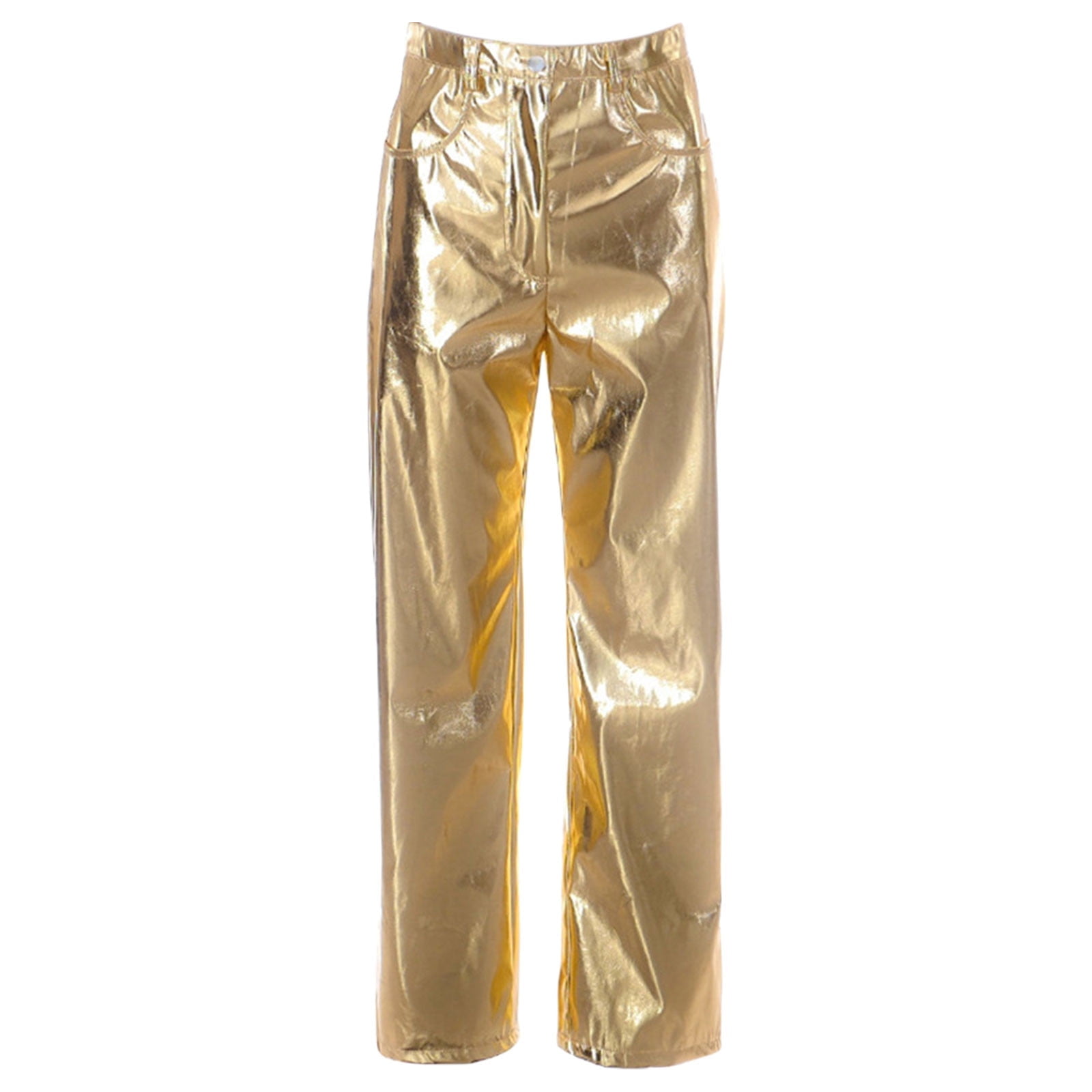 Tiqkatyck Faux Leather Leggings with Pockets for Women Women's Fall Casual Pu Leather Pants Metallic Button Zipper Closure High Waist Trousers with Pocket Streetwear Tights for Women Gold