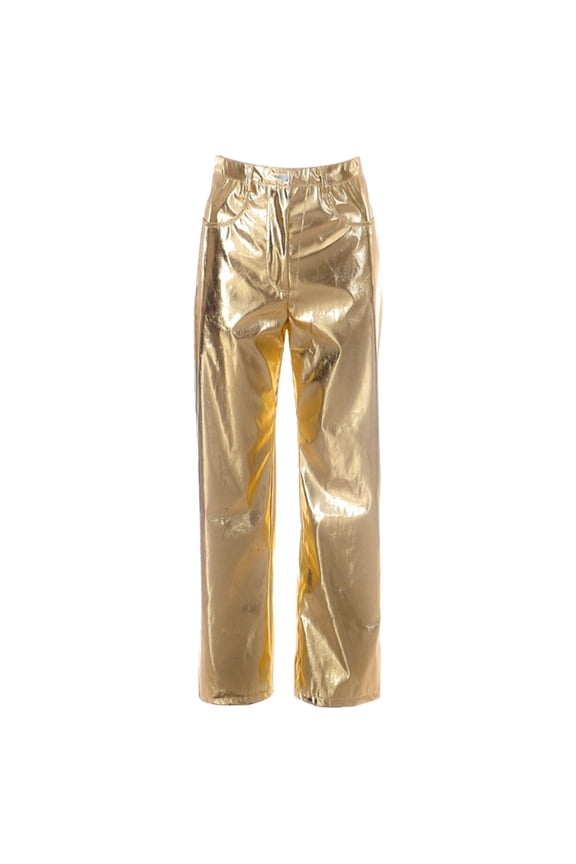 Faux Leather Leggings with Pockets for Women Women's Fall Casual Pu Leather Pants Metallic Button Zipper Closure High Waist Trousers with Pocket Streetwear Tights for Women Gold