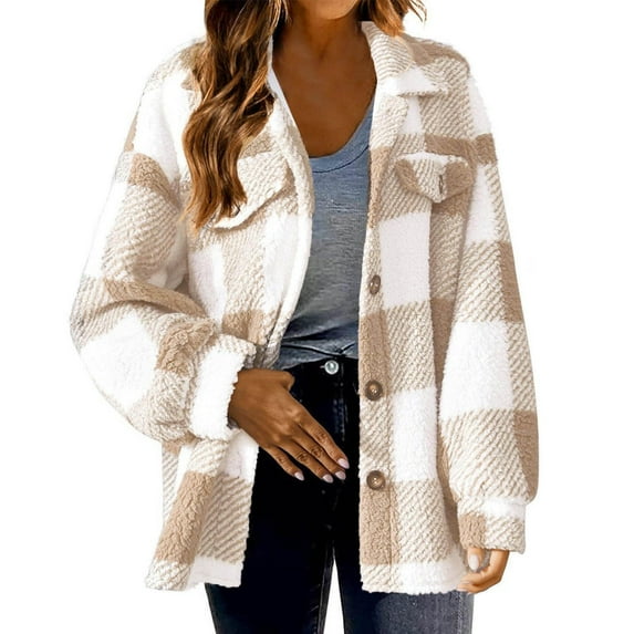 Tiqkatyck Flannel Jacket on Sale, Shackets for Women Winter Warm Fuzzy Plaid Jackets Plus Size Button Down Long Sleeve Coats Winter Coats for Women Shackets for Women Beige L