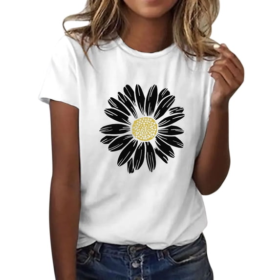 Tiqkatyck Graphic Tees for Women, Sunflower Summer T Shirt Plu Size Loose Blouse Tops Girl Short Sleeve Graphic Casual Tees T Shirts for Women White S