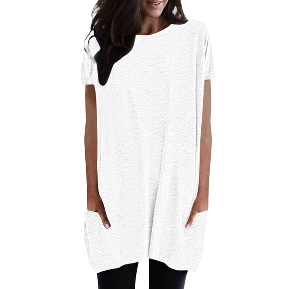 Tiqkatyck Graphic Tees for Women, Women Summer Casual Solid Loose Pullover Crewneck Shirt Short Sleeve Tunic Tops Blouse with Pockets T Shirts for Women White XXL