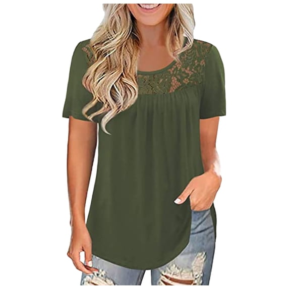 Tiqkatyck Graphic Tees for Women, Womens Fashion Lace Solid Splicing O-Neck Short Sleeve T-Shirt, Women Summer Tops Green XXXXXL