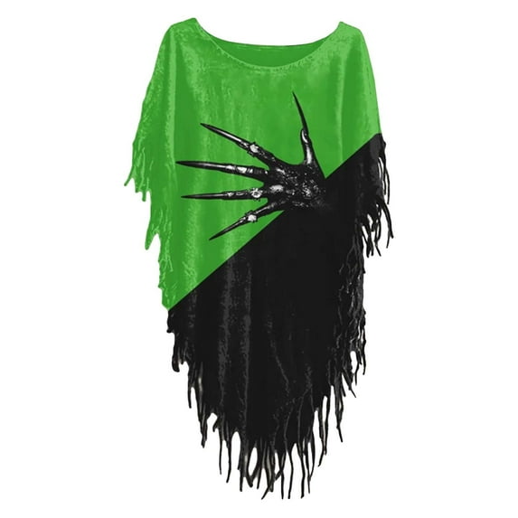 Tiqkatyck Halloween Shirts for Women, Women's Fall Halloween Dark Print Loose Casual Tassel Cape Flowy Tops for Women, Fringe Tops for Women Green XXXXXL