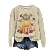 TIQKATYCK Halloween Sweatshirt Clearance, Women's Thanksgiving Pumpkin Maple Print Fashion Casual Crewneck Long Sleeve Tops Fall & Winter Halloween Shirts for Women, Winter Clothes for Women Beige L