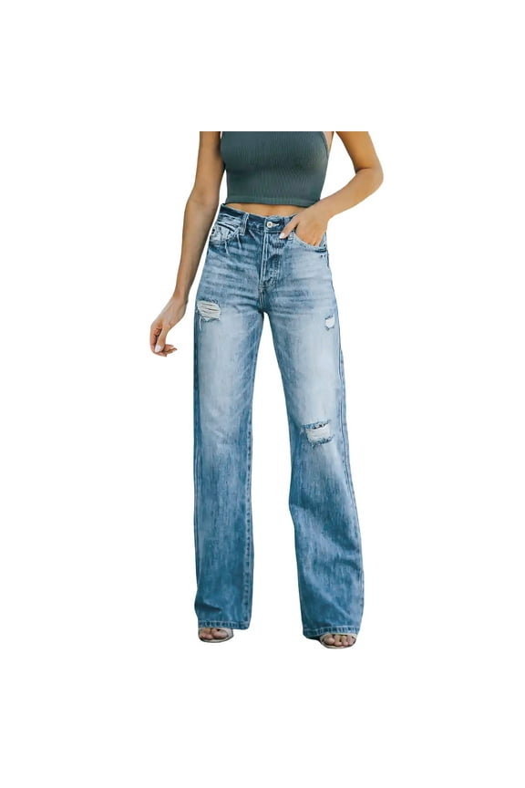 Jeans for Women, Women Fashion Stretchy High Waisted Straight-Leg Ripped Casual Distressed Jeans Boyfriend Jean, Jeans for Women Blue S