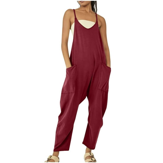 Tiqkatyck Jumpsuits for Women Dressy Clearance, Womens Casual Summer Sleeveless Solid Color Comfortable Strap Loose Jumpsuit Pocket Jumpsuits for Women, Rompers for Women, Overalls for Women Red