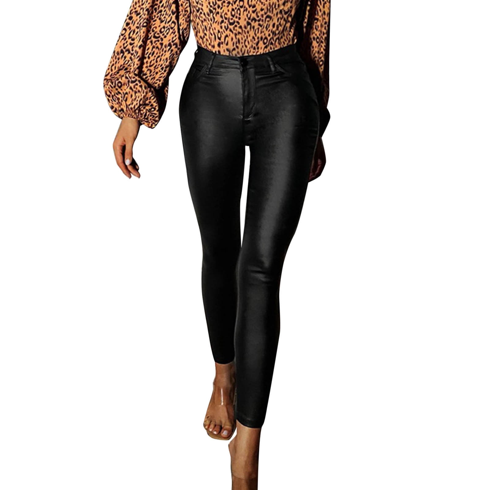 Tiqkatyck Leather Pants for Women, Women Solid Buttoned Slim Leather Pants Casual Stretch Trousers High Waisted Pants for Women Tights for Women Black