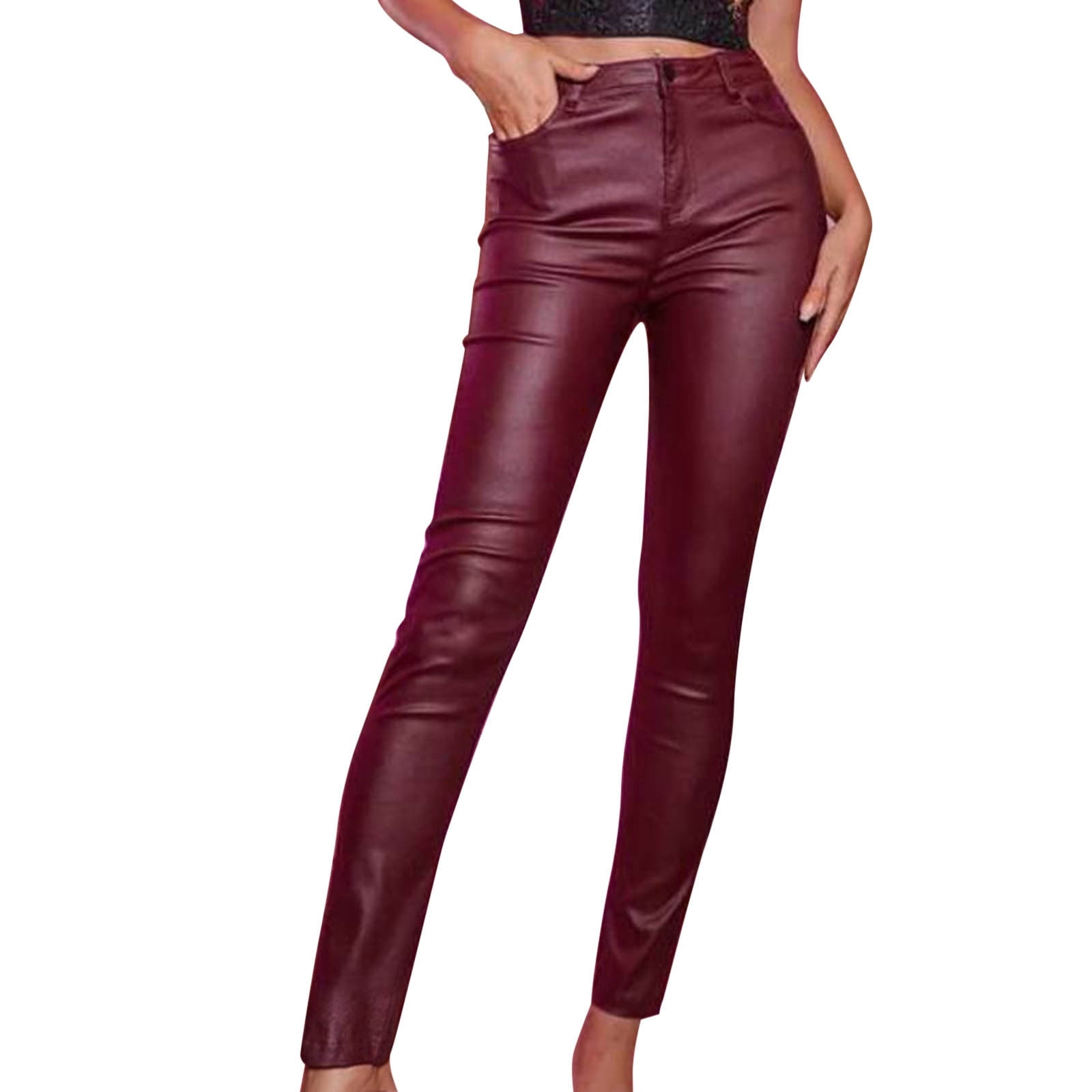 Tiqkatyck Leather Pants for Women, Women Solid Buttoned Slim Leather Pants Casual Stretch Trousers High Waisted Pants for Women Tights for Women Red