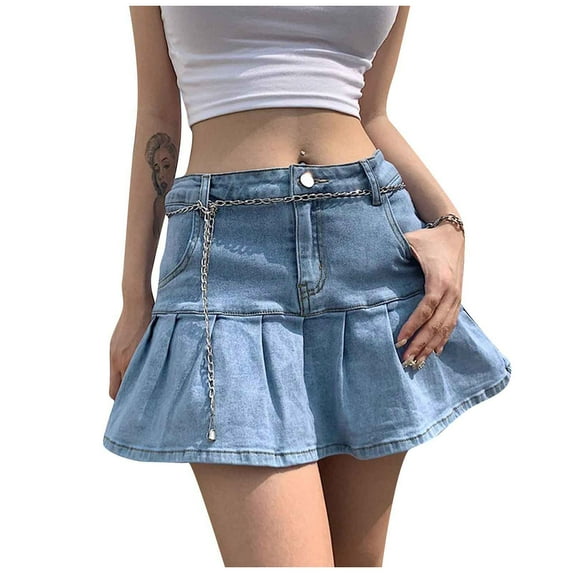 Tiqkatyck Long Skirt Women Skinny Skirts High Waist Pleated Skirts Zipper Mini Skirts Streetwear Skir Jean Skirt Light Blue