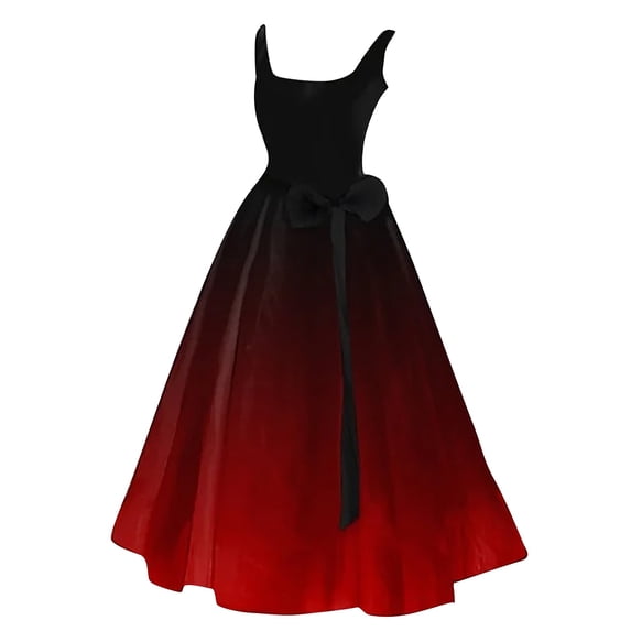 Tiqkatyck Long Sleeve Dress for Women Ladies Halloween Solid Color Gradient Casual Party Round Neck Alluring Sleeveless Dress Evening Gowns for Women Formal Red