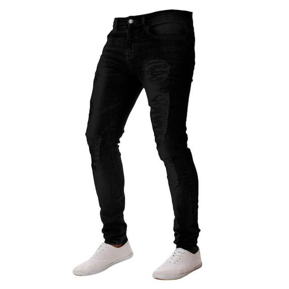 Tiqkatyck Mens Jeans Clearance Men Slim Zipper Denim Jeans Skinny Frayed Pants Distressed Trousers Pants Sweatpants for Men Black 32