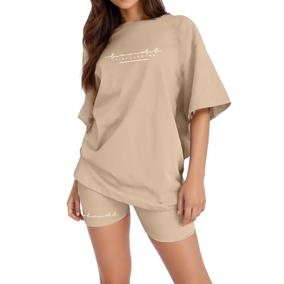 Tiqkatyck Outfits Sets, It Is You Not Me Women's Short Sleeve Letter Print Shorts Sets Women 2 Piece Outfits Beige XS