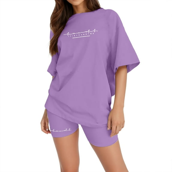 Tiqkatyck Outfits Sets Clearance, It Is You Not Me Women's Short Sleeve Letter Print Shorts Sets Women 2 Piece Outfits Purple L