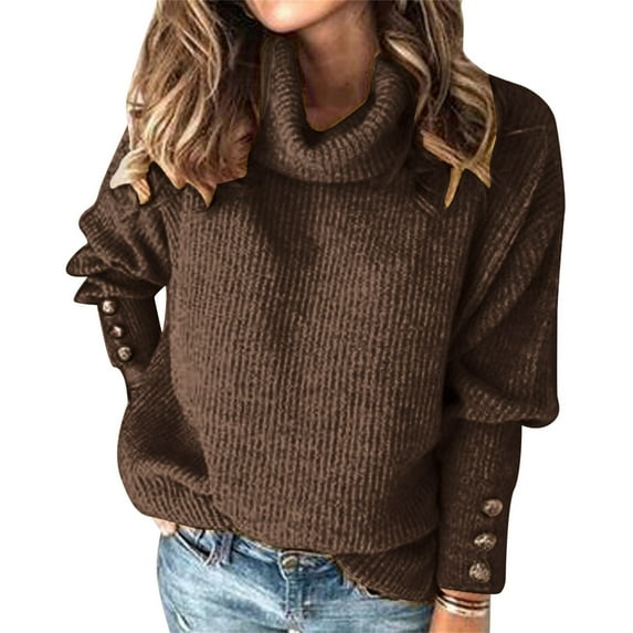 Tiqkatyck Plu Size Tops for Women, Womens Fashion Solid Color Sweater Top Turtleneck Long Sleeve Buttons Autumn Winter Warm Soft Shirt, Womens Tops Brown XL