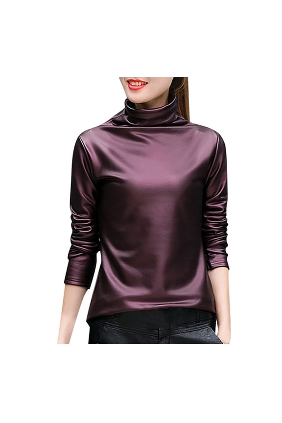 Plus Size Tops Women Basic Shirts Faux Leather Solid Turtleneck Long Sleeve Blouse Tops Casual Womens Tops Wine