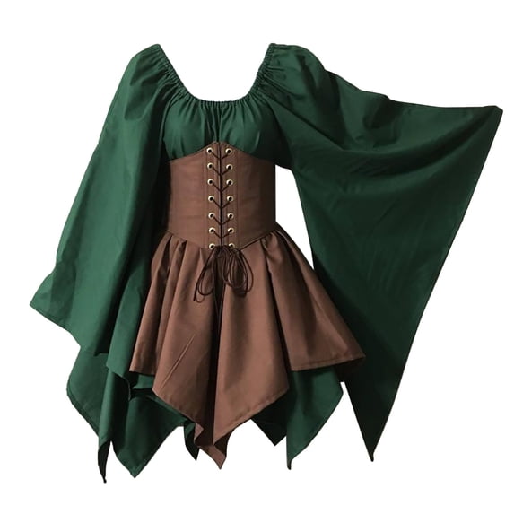 Tiqkatyck Plus Size Tops for Women Medieval Costume Trumpet Sleeve Irish Shirt Dress Halloween Women M Cosplay Costumes Gothic Retro Long Sleeve Corset Dress Fall Clothes for Women 2023 Green