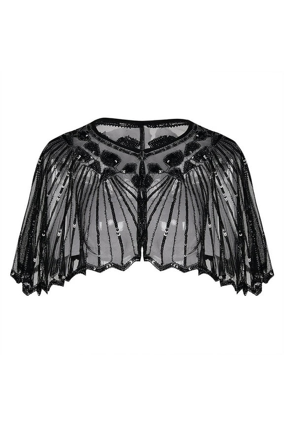 Plus Size Tops for Women, Women's 1920S Shawl Beaded Sequin Deco Evening Cape Bolero Flapper Cover Up Womens Tops Black