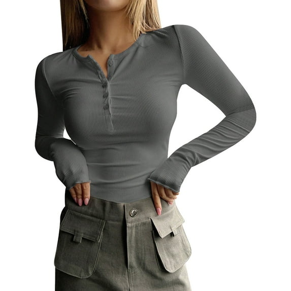 Tiqkatyck Ribbed Long Sleeve Shirts for Women, 2024 Women Long Sleeve Shirts V Neck Henley Top Slim Fit Basic Ribbed Knit Button Down T Shirts, Womens Long Sleeve Shirts, Going Out Tops Grey XXL