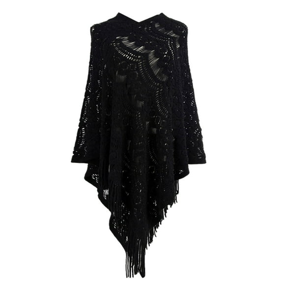 Tiqkatyck Shawl Wraps for Women Clearance Women Mid Length Crochet Hollow Irregular Tassel Pullover Sweater Cape Shawl Knit Sweater Shawl Scarf for Women Shawls and Wraps Black