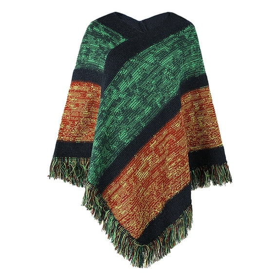 Tiqkatyck Shawl Wraps for Women Clearance Women's Contrasting Color Striped Knitted Cape with Tassel Shawl Scarf for Women Shawls and Wraps Green