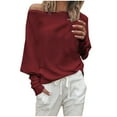 thumbnail image 1 of Tiqkatyck Off Shoulder Tops for Women, Women's Fashion Casual Solid Color Threaded One Line Collar Long Sleeve Shirts Pullover, Sweatshirt for Women, Tops for Women Trendy Red M, 1 of 7