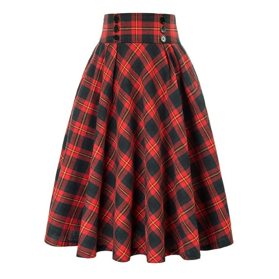 Tiqkatyck Skirts for Women, Women Fashion Casual Plaid Skirtwith Pockets Vintage High Waist Pleated Skirt Long Skirt Wine