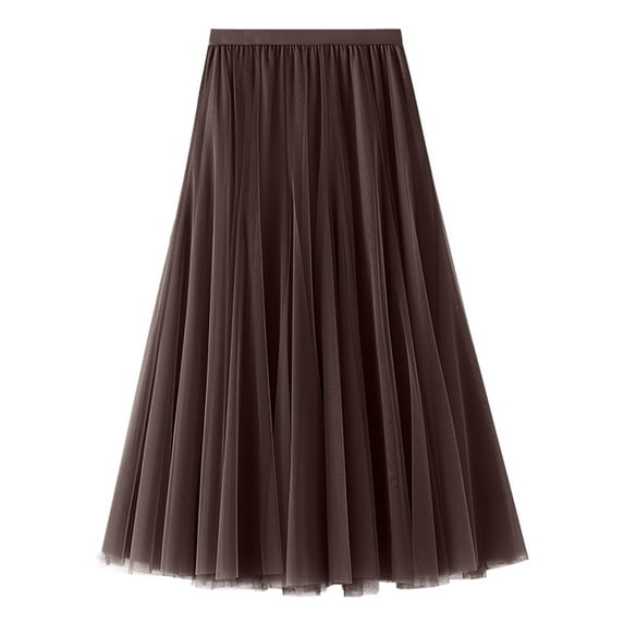 Tiqkatyck Skirts for Women, Women's A Line Fairy Elastic Waist Tulle Midi Skirt High Waist Skirts Solid Color Mesh Dress Long Skirt Coffee