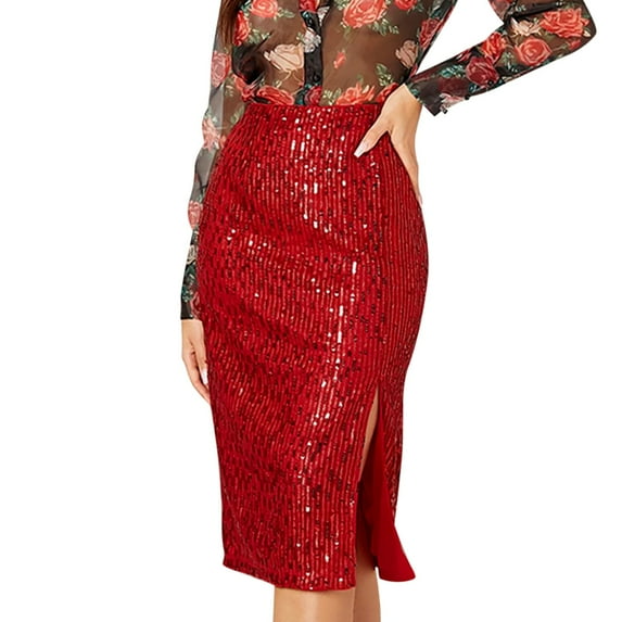 Tiqkatyck Skirts for Women, Women's Solid Color Sequins Fashion High Waist Slim Hip Casual Half Body Skirt Long Skirt Red