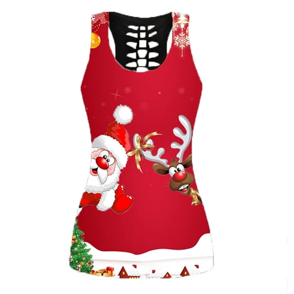 Tiqkatyck Sleeveless Tops for Women Tank Christmas Backless Top Casual Women Sleeveless O Neck Snowman Print Vest, Christma Shirts for Women Red XL